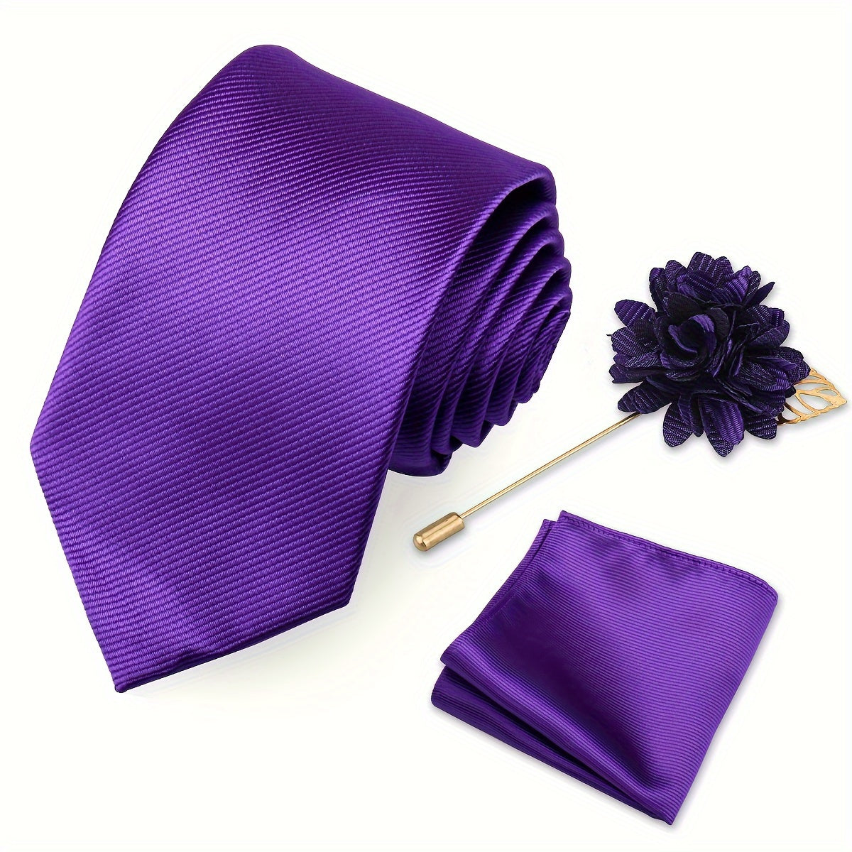 Men's Tie Set with Pocket Towel and Brooch, Classic Striped Plain Design