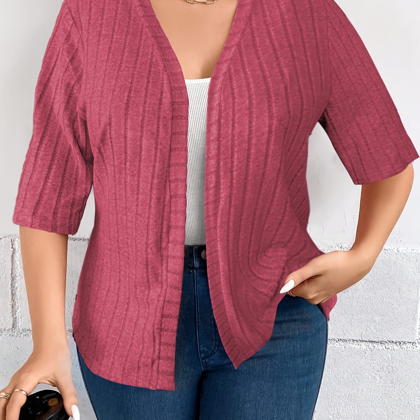 Plus Size Women's Solid Color Open Front Cardigan Fall Spring Knitwear
