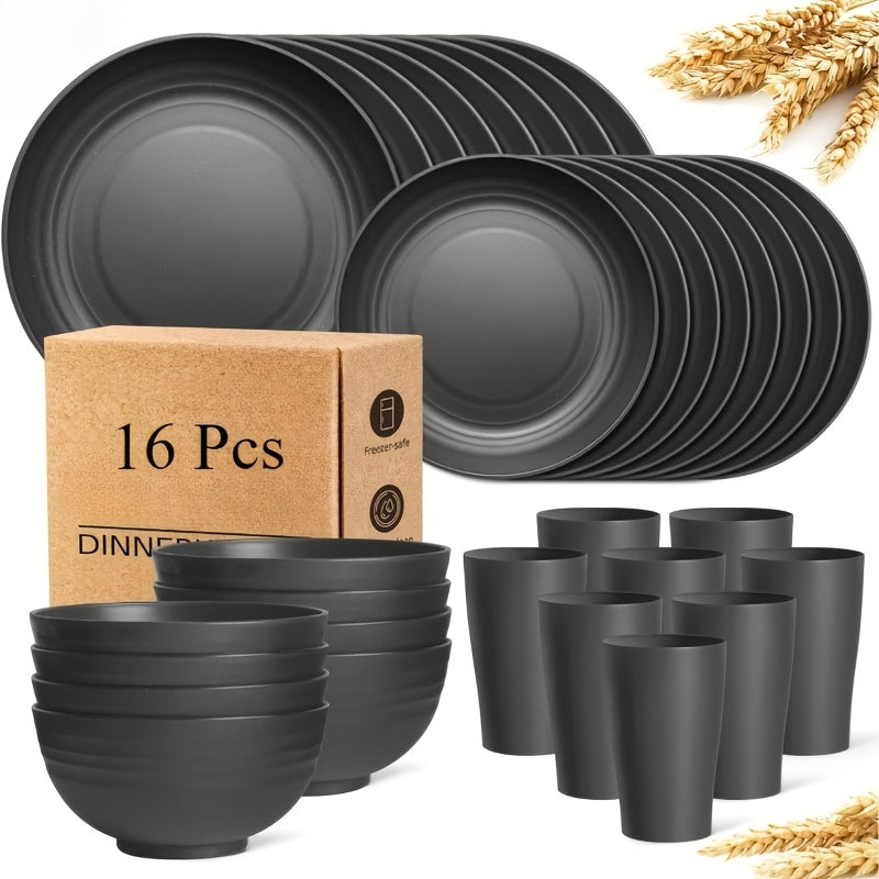 16-Piece Unbreakable Wheat Straw Plastic Dinnerware Set Microwave Dishwasher Safe Reusable Tableware