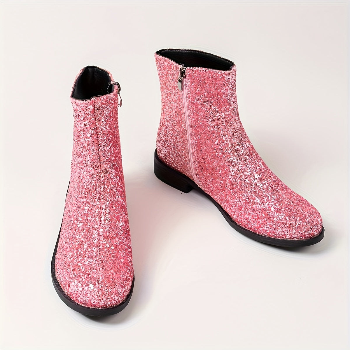 Women's Plus Size Short Sequin-Decorated Chelsea Boots with Zipper and Chunky Heel