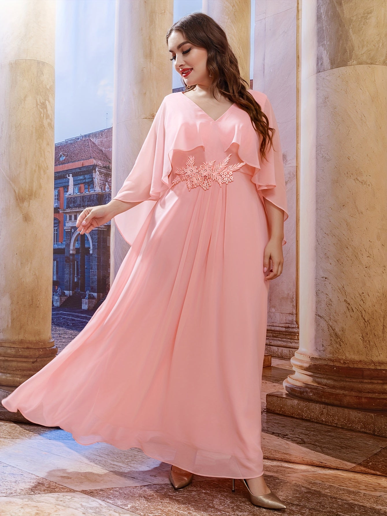 Women's V-Neck Cape Dress Polyester Solid Color All-Season