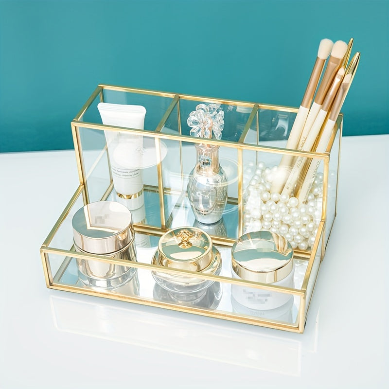 Glass Makeup Brush Holder with Mirror Tray and 4 Compartments for Cosmetics and Storage