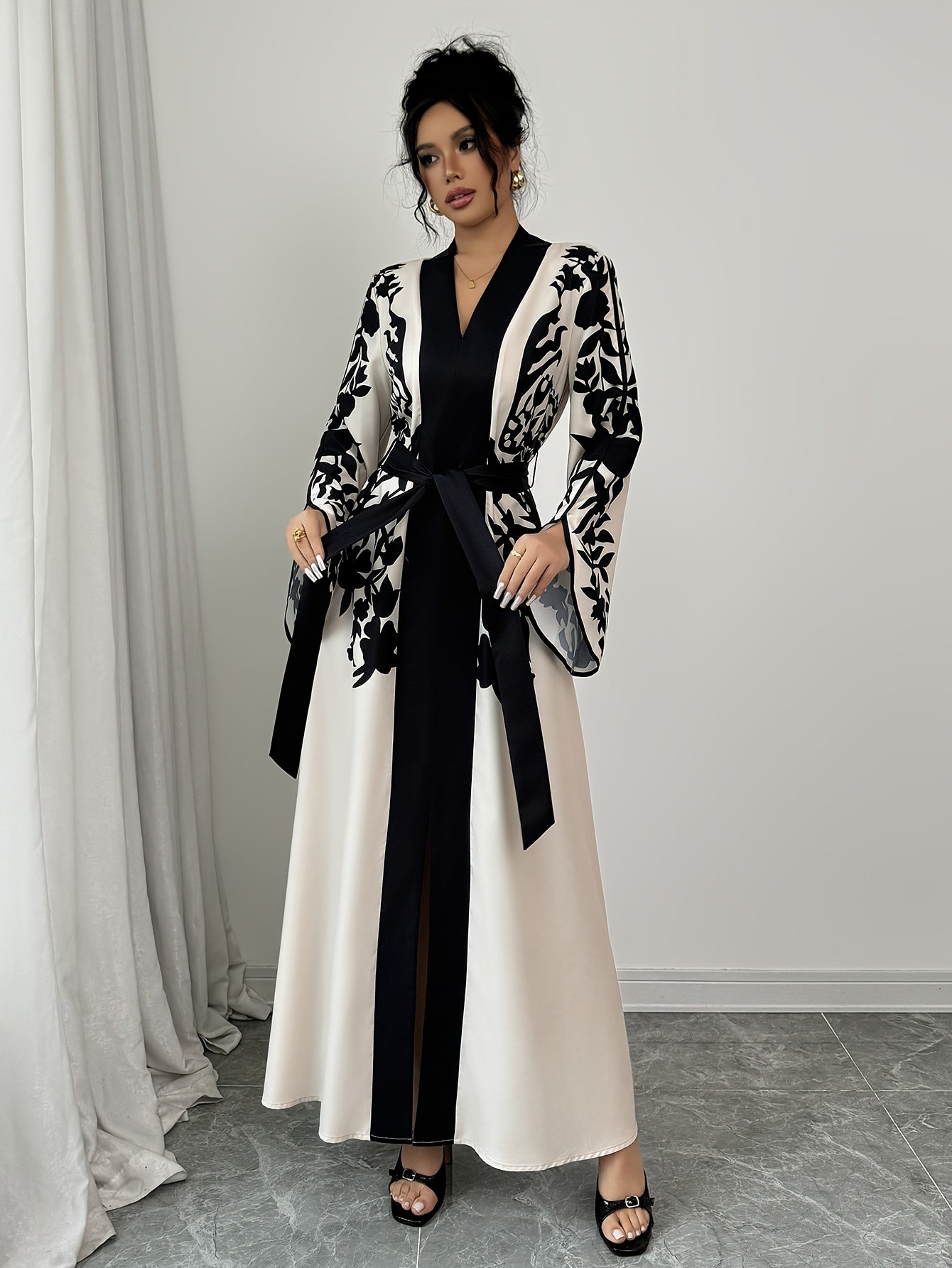 Women's Fall Peplum Dress with Floral Print V-Neck Woven Polyester Elastane