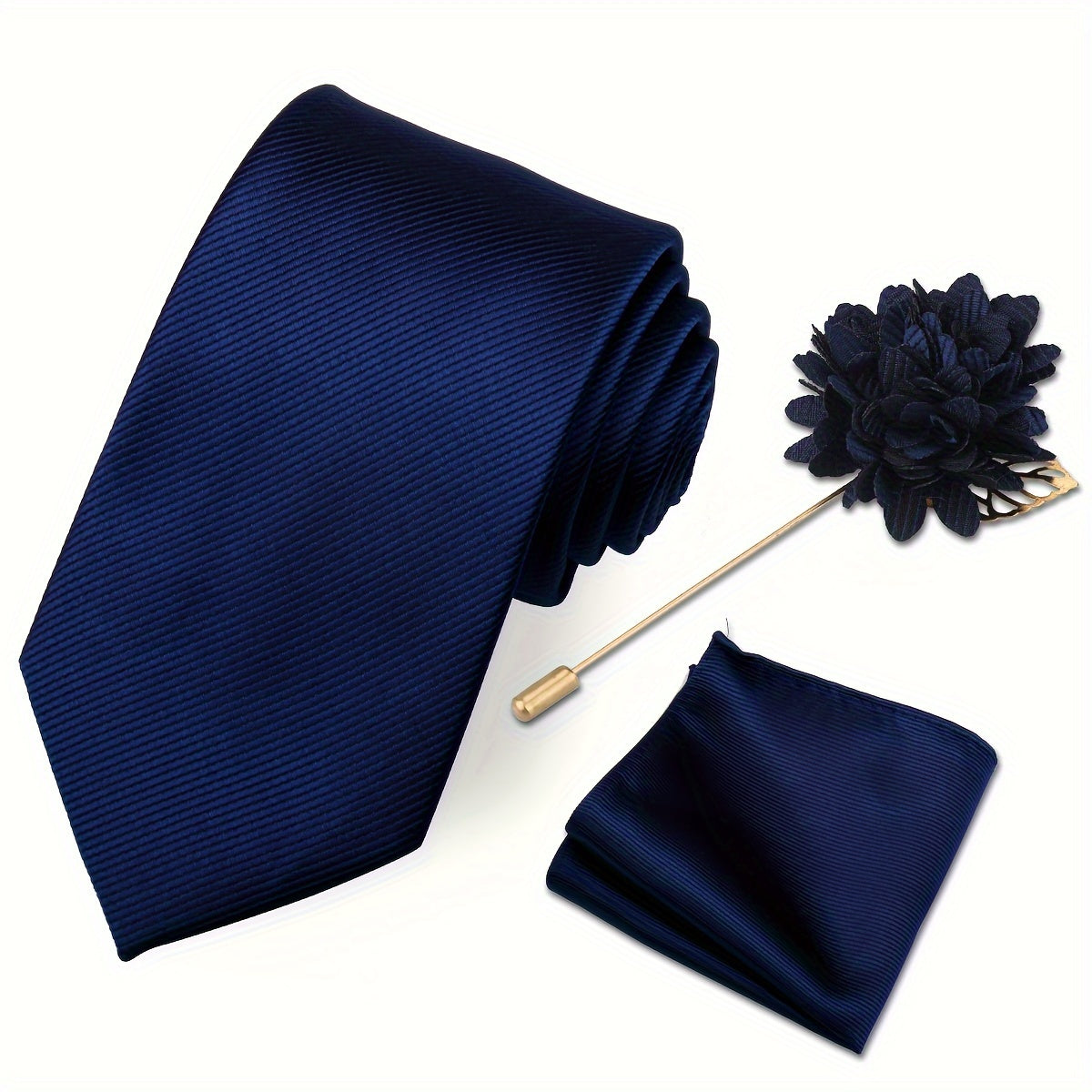 Men's Tie Set with Pocket Towel and Brooch, Classic Striped Plain Design