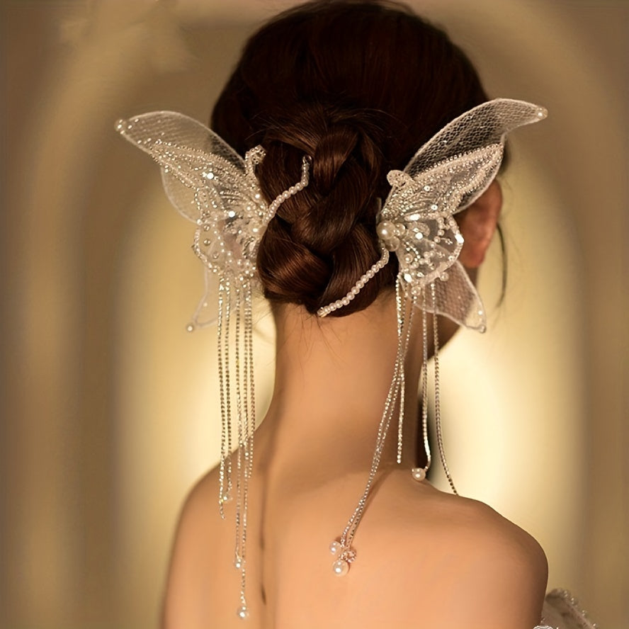 Women's Embroidered Butterfly Wing Hair Clips with Faux Pearl Tassel and Non-Slip Duck-Billed Clamp