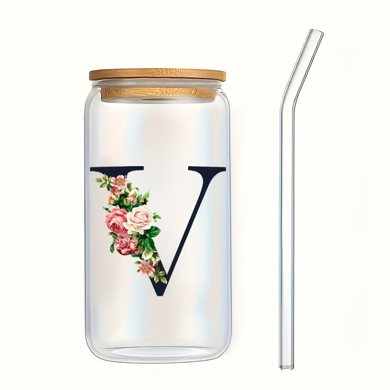 Flowers Drinking Glass with Bamboo Lid and Straw 16oz Coffee Mug for Women Girls