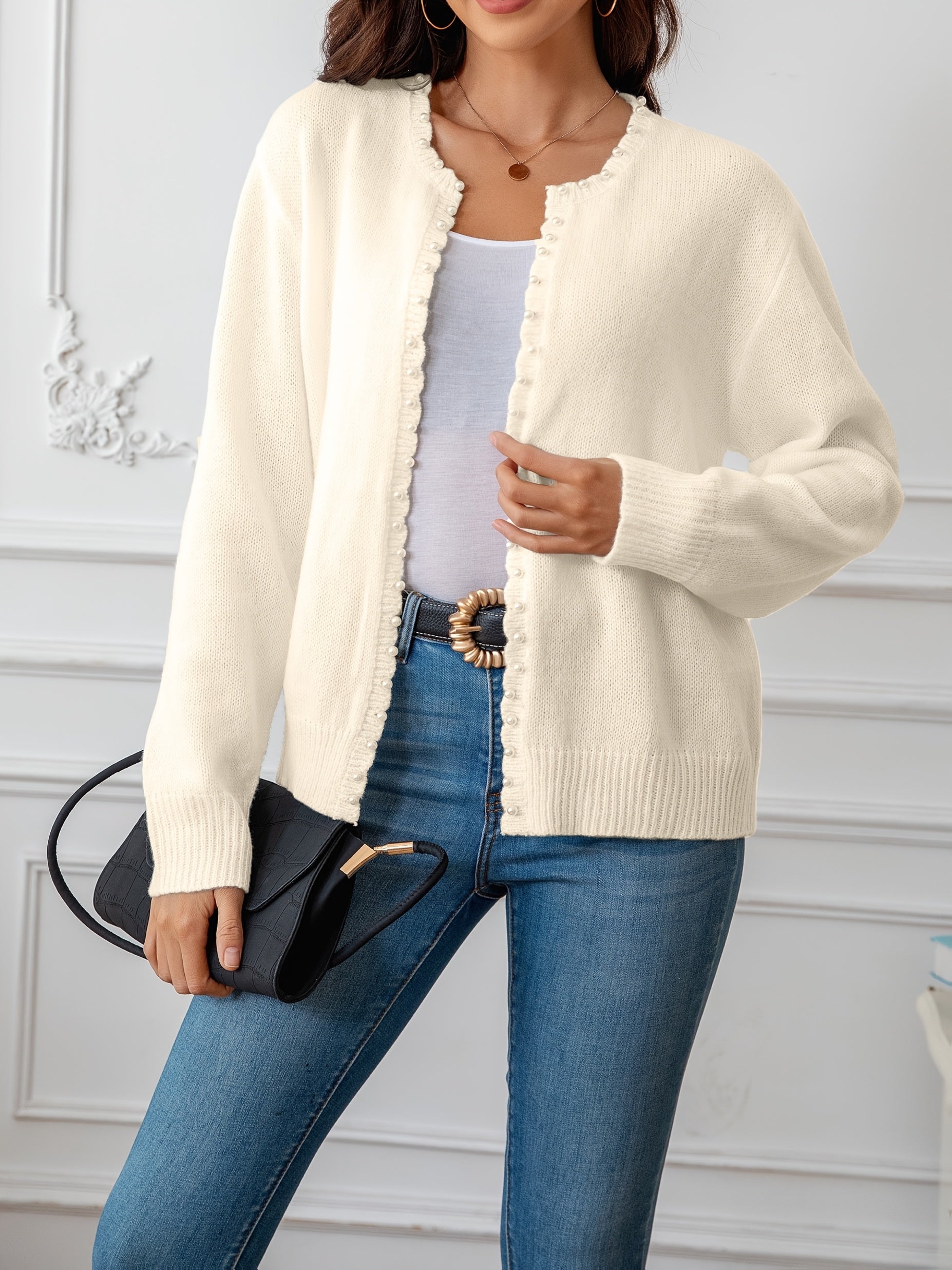 Women's Oversized Cozy Knit Cardigan with White Trim Navy Blue Winter Layering