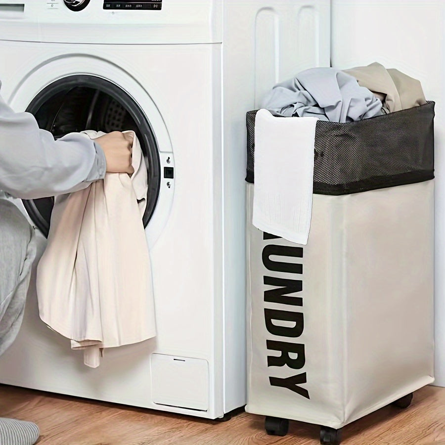 Современная серая корзина для белья на колесах с ручкой, высокий узкий дизайн, складная корзина для грязной одежды, сетчатая подкладка, идеальна для различных интерьеров - Корзины для белья