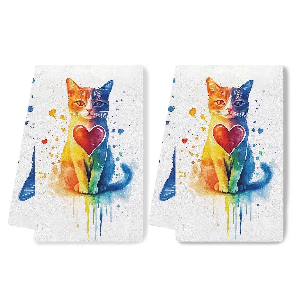 Ultra-Soft Kitchen Towels with Cat and Rainbow Hearts, Absorbent, 40x60 cm