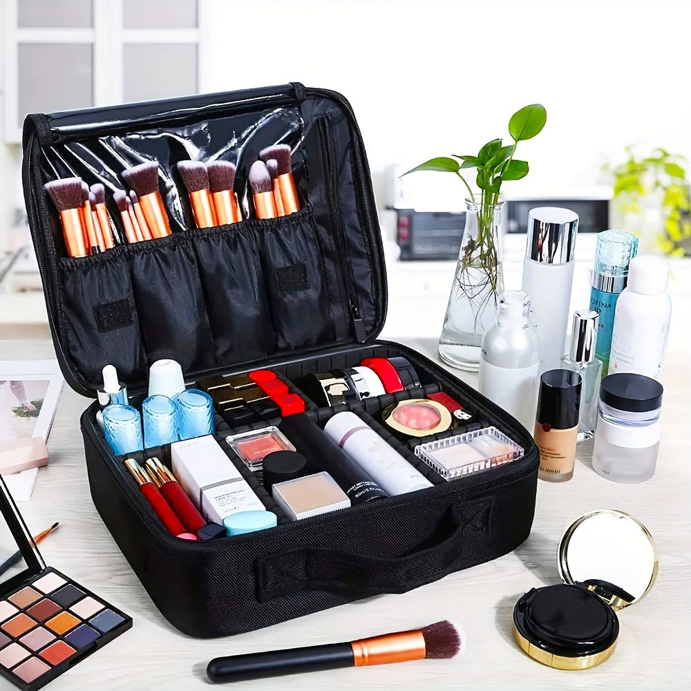 Bolsa organizadora de maquillaje impermeable negra con divisores ajustables para viajes