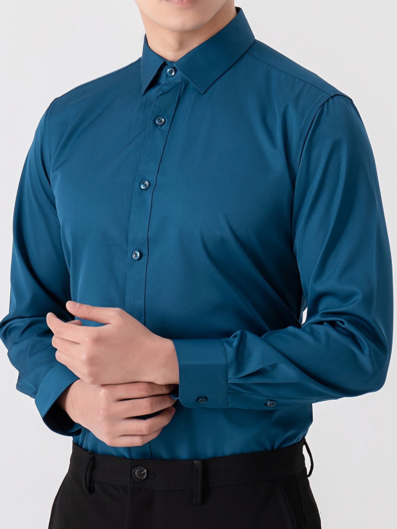 Men's Solid Color Dress Shirts Set Long Sleeve Lapel Collar Formal Casual