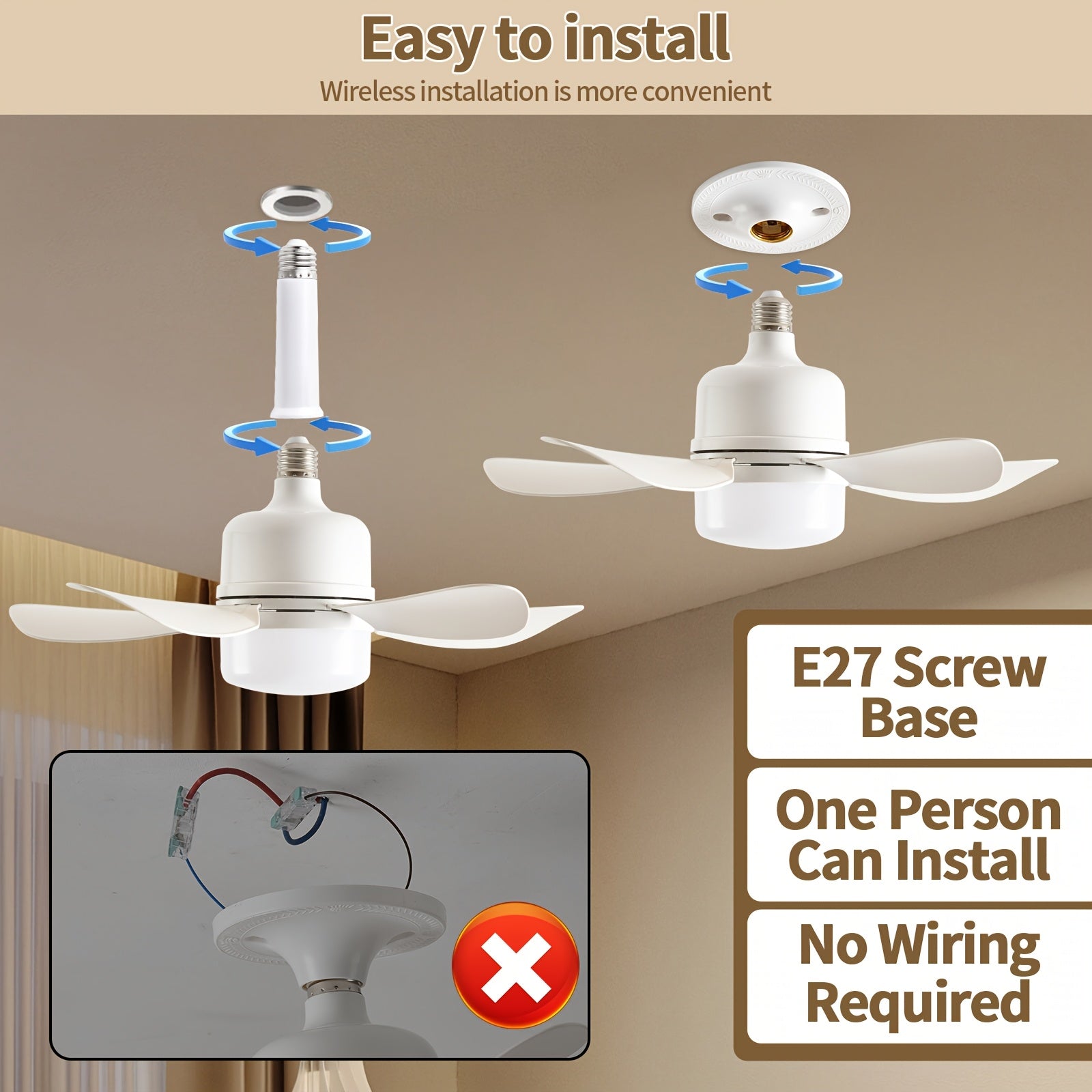 Set of 2 White Smart Ceiling Fans with LED Light, Remote Control, 3-Speed Adjustable