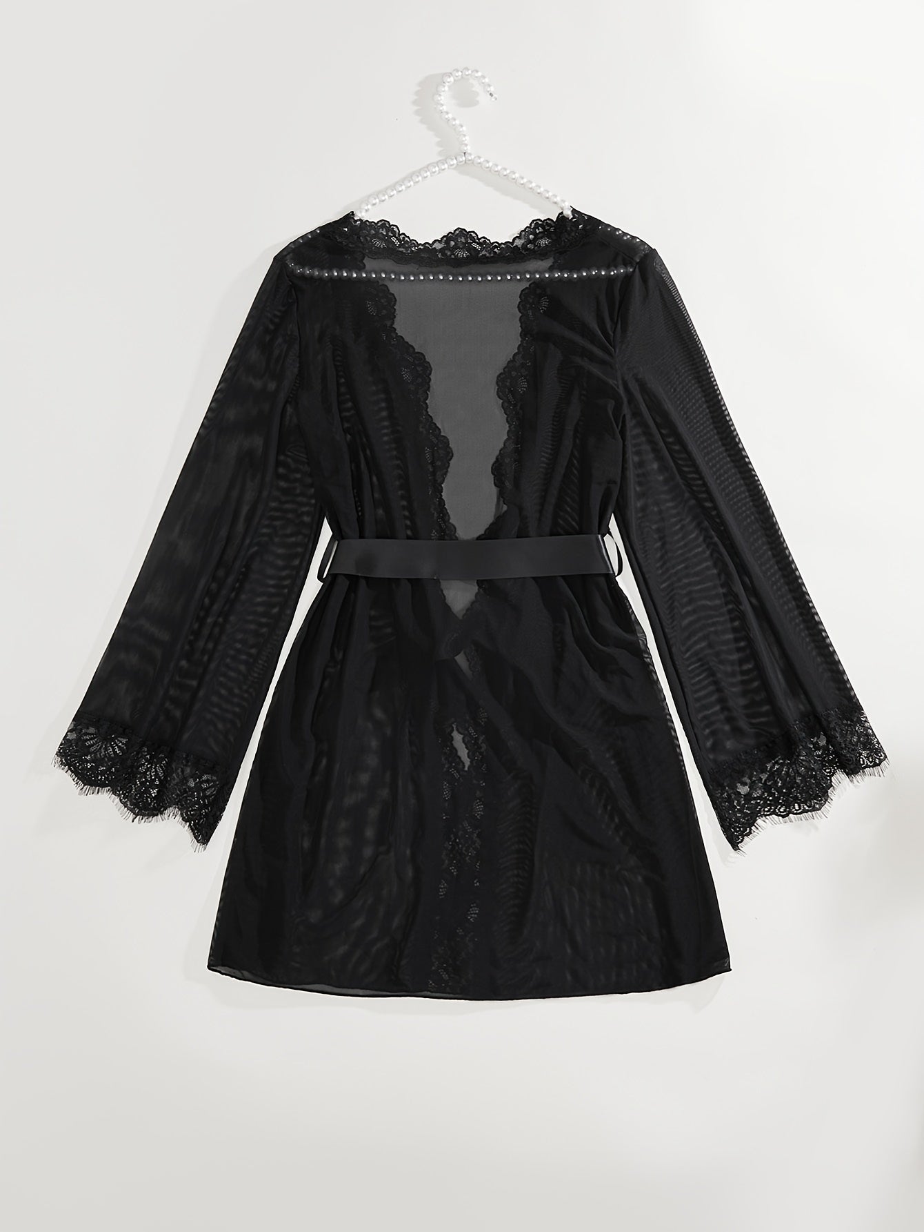 Black Mesh Lingerie Robe with Lace and Satin Belt for Nightwear