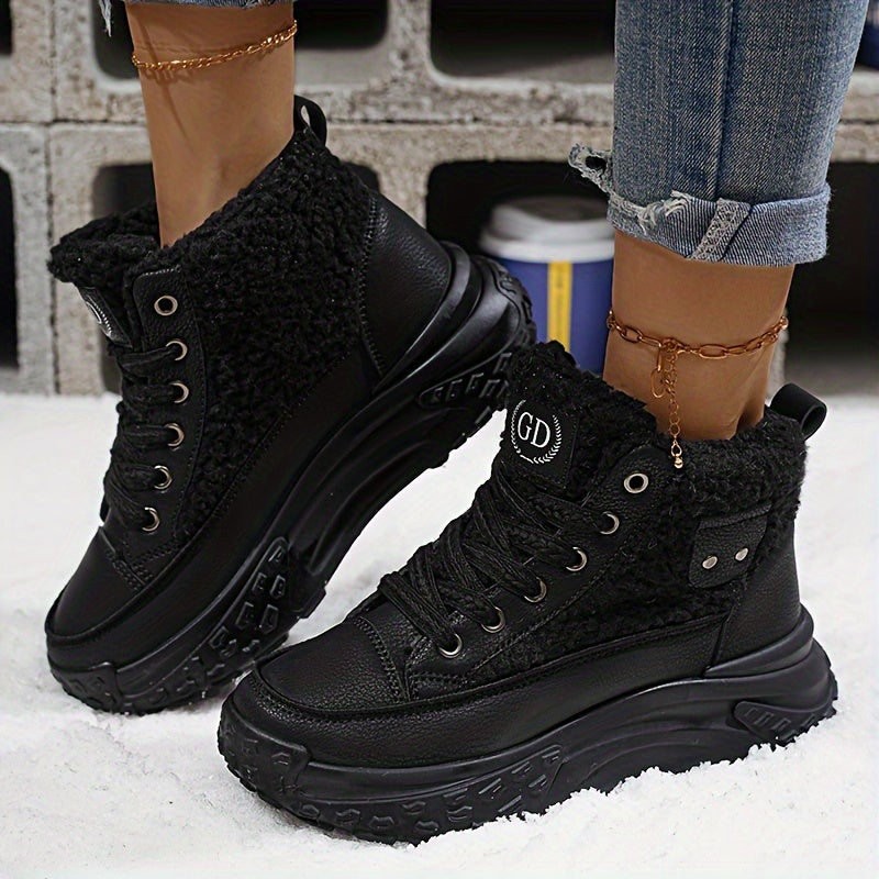 Women’s Chunky Platform Ankle Boots Winter Fleece-Lined Low Heel Lace-Up Shoes