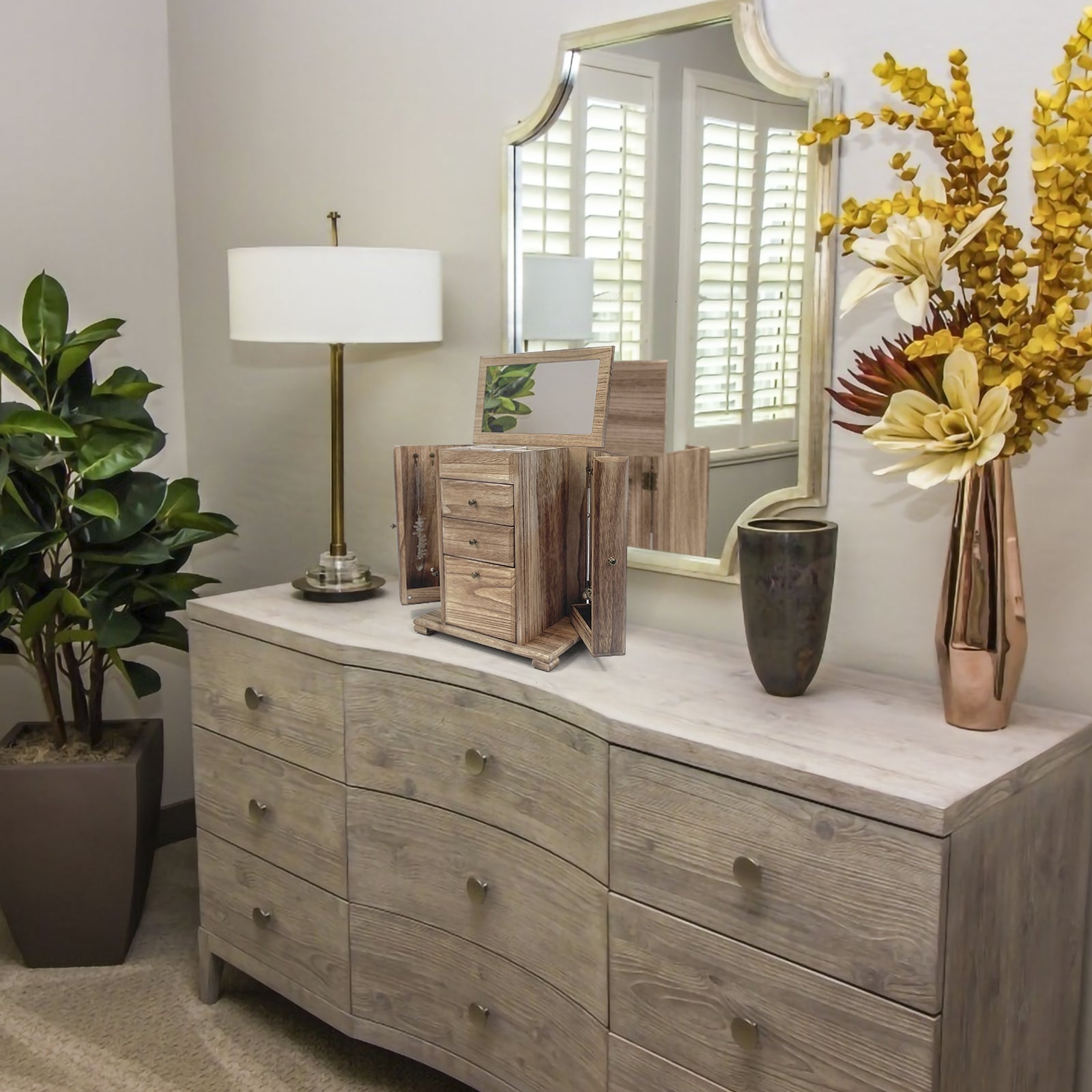 Organizador de joyas de madera rústica con espejo y 4 capas para anillos, pendientes y collares