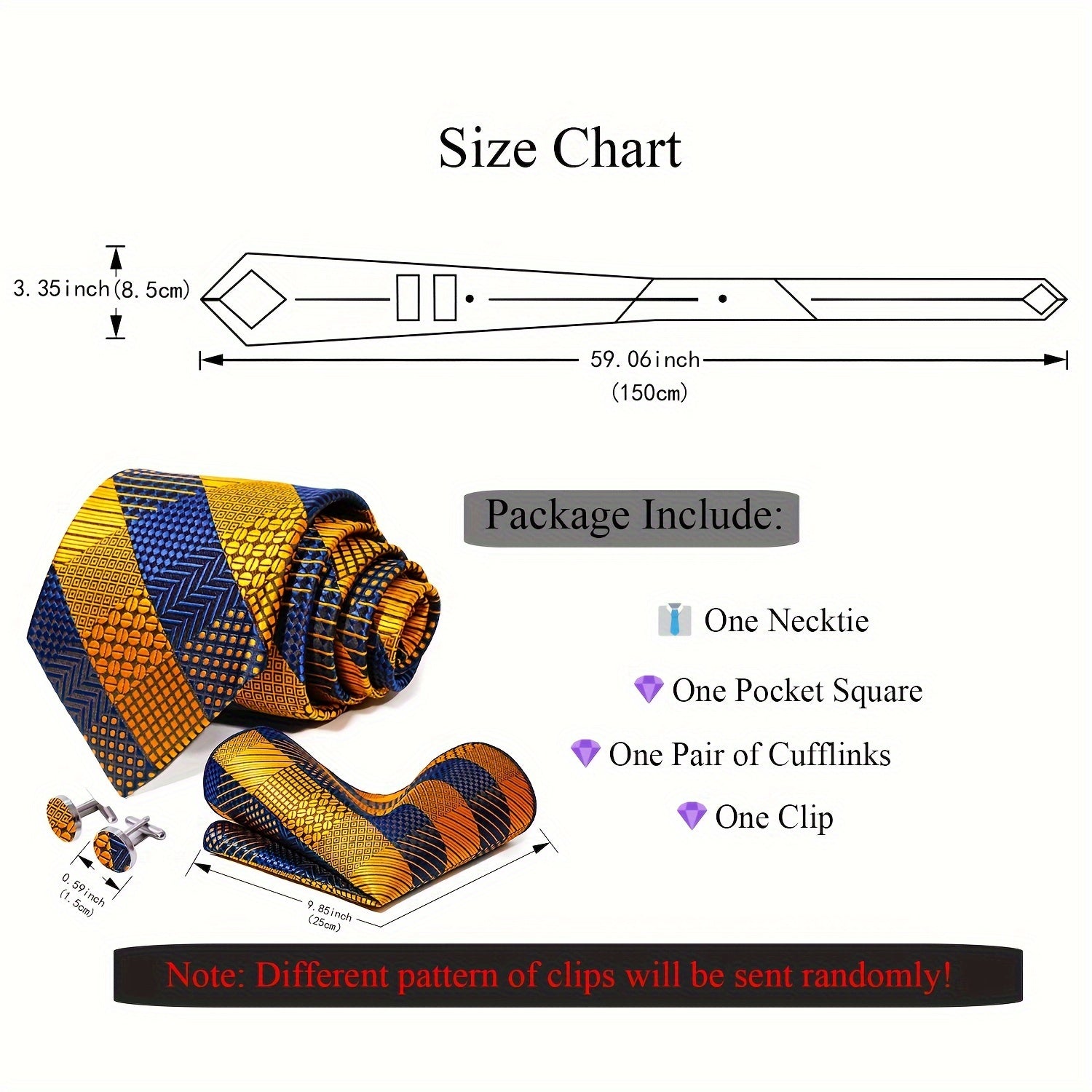 Men's Plaid Tie Pocket Square Cufflinks and Clip Set