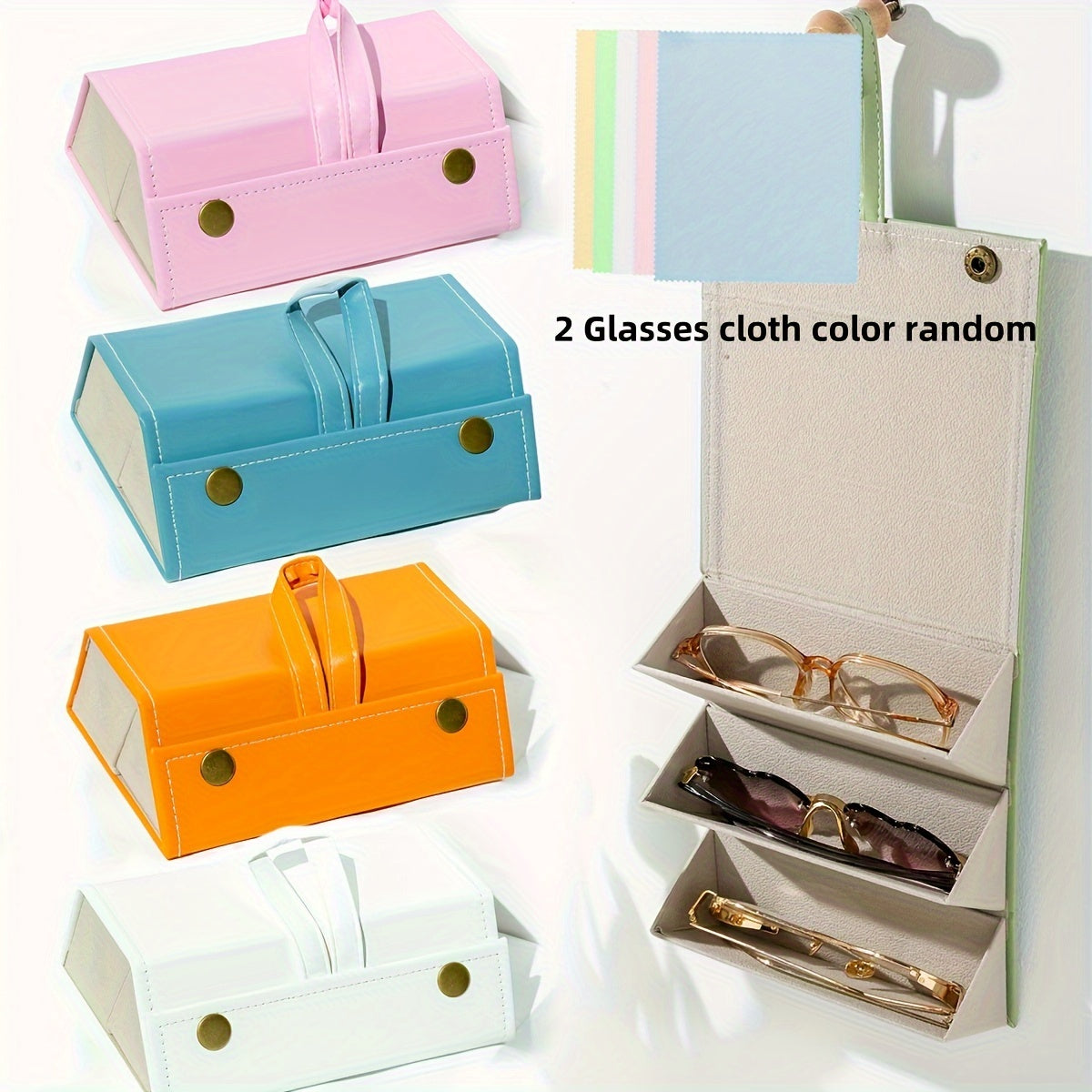 3 juft ko'zoynak uchun himoya qopqog'i, ayollar uchun mustahkam sayohat qopqog'i, 2 ta tasodifiy rangdagi tozalash matosi bilan birga