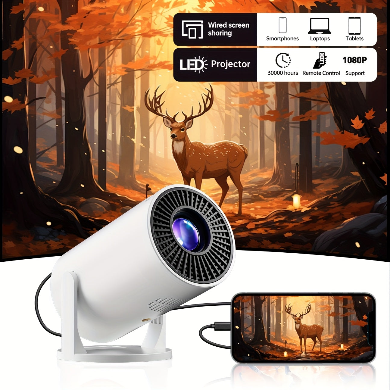 Mini White Portable Projector 1080P USB AV SD Laptop 3D Ready