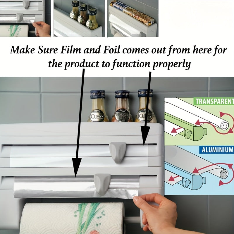 Organizador de cocina de pared con dispensador de film transparente y portarrollos de papel plástico