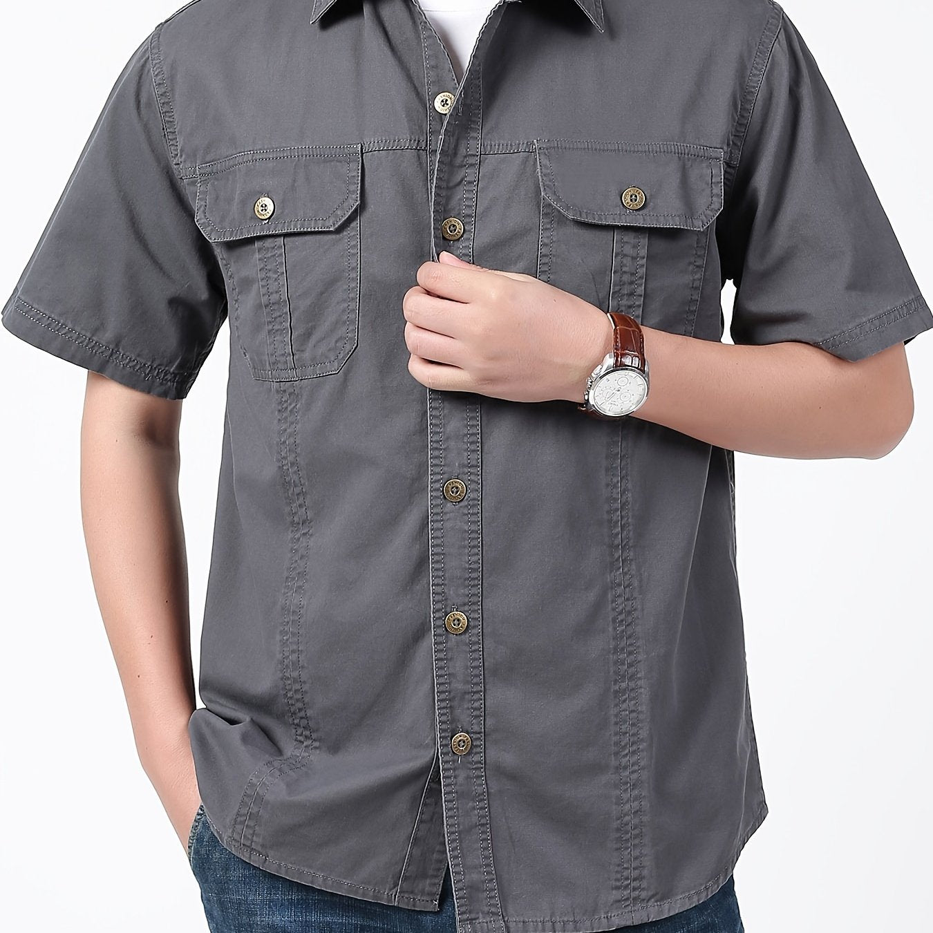 Men's Summer Cotton Short Sleeve Casual Shirt with Pocket Solid Color Regular Fit