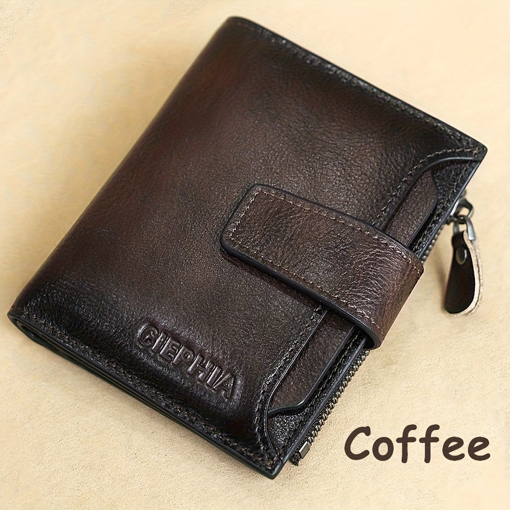 Men's Genuine Leather Wallet RFID Blocking Zipper Coin Pocket Vintage Dark Brown