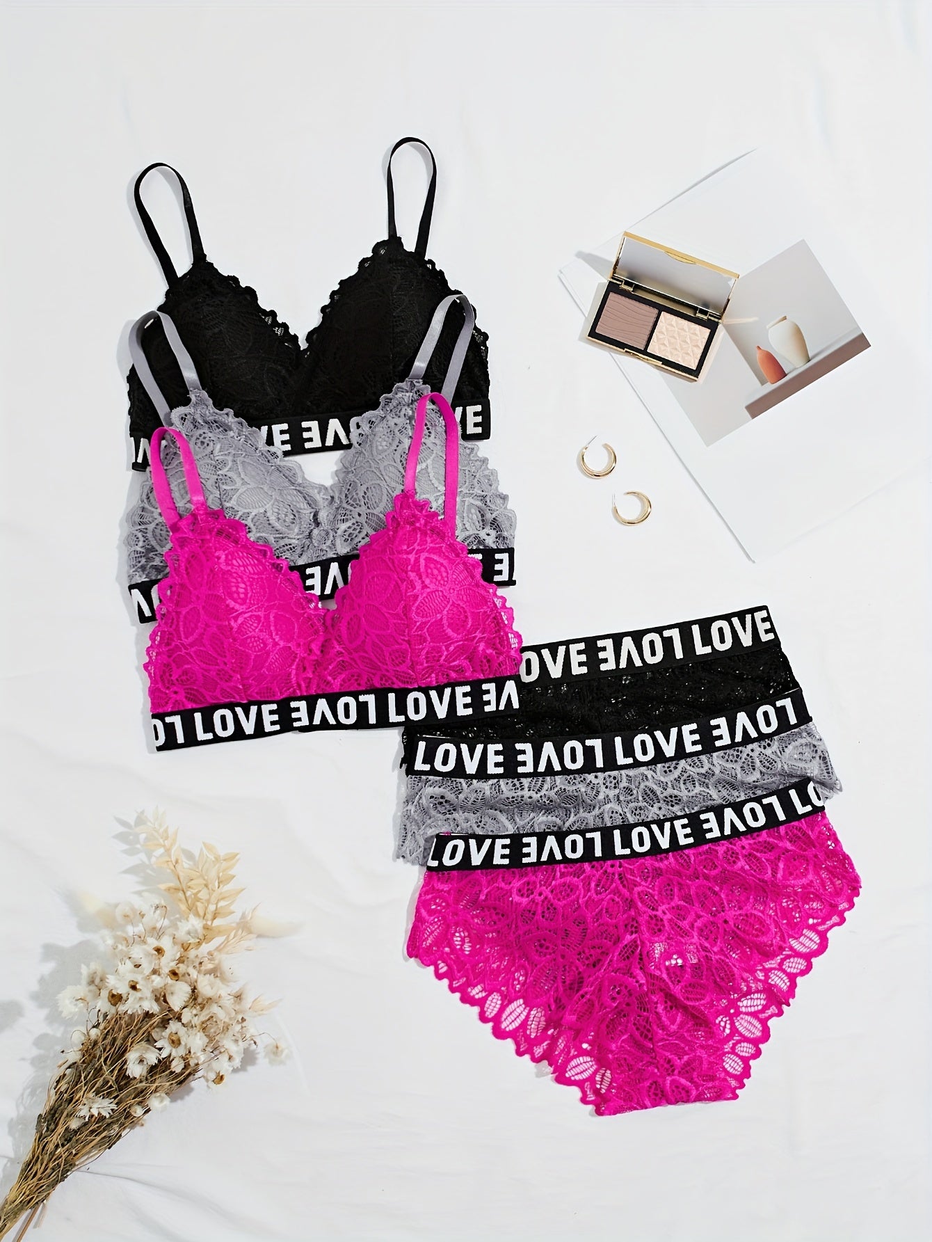 Women's Floral Lace Lingerie Set with Letter Print Contrast Trim Cami Bra and Panties