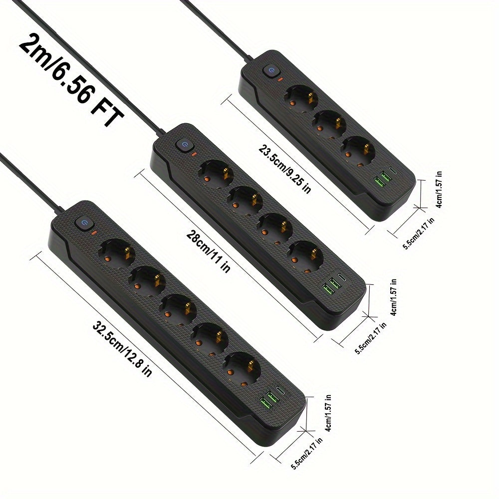 Europe Power Strip with 3/4/5 Sockets, 2m Extension Cord, Main Switch for Home Office Kitchen Garage Outdoors