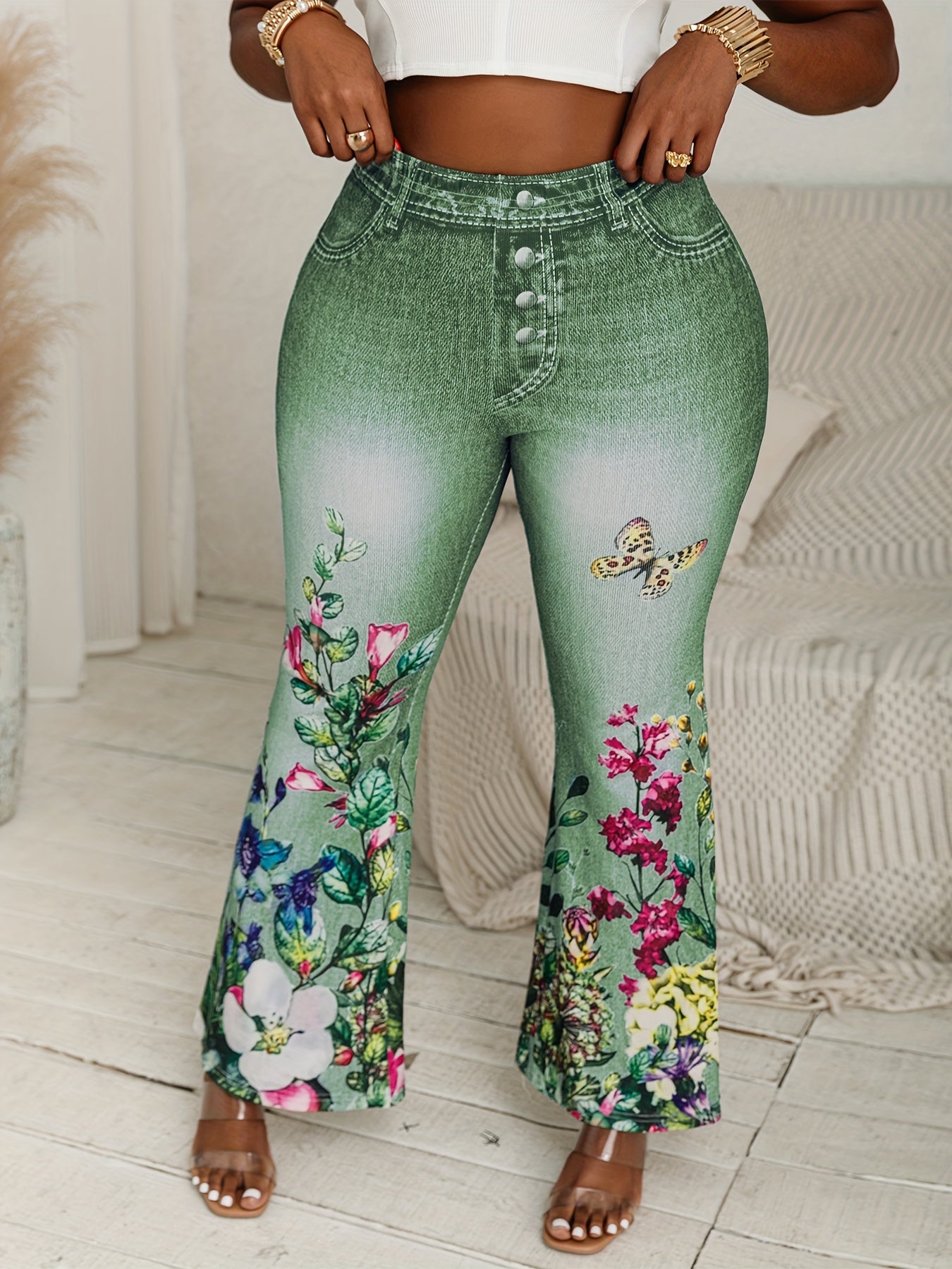 Plus Size Faux Denim Floral Print Flared Leg Pants High Waist Summer Womens