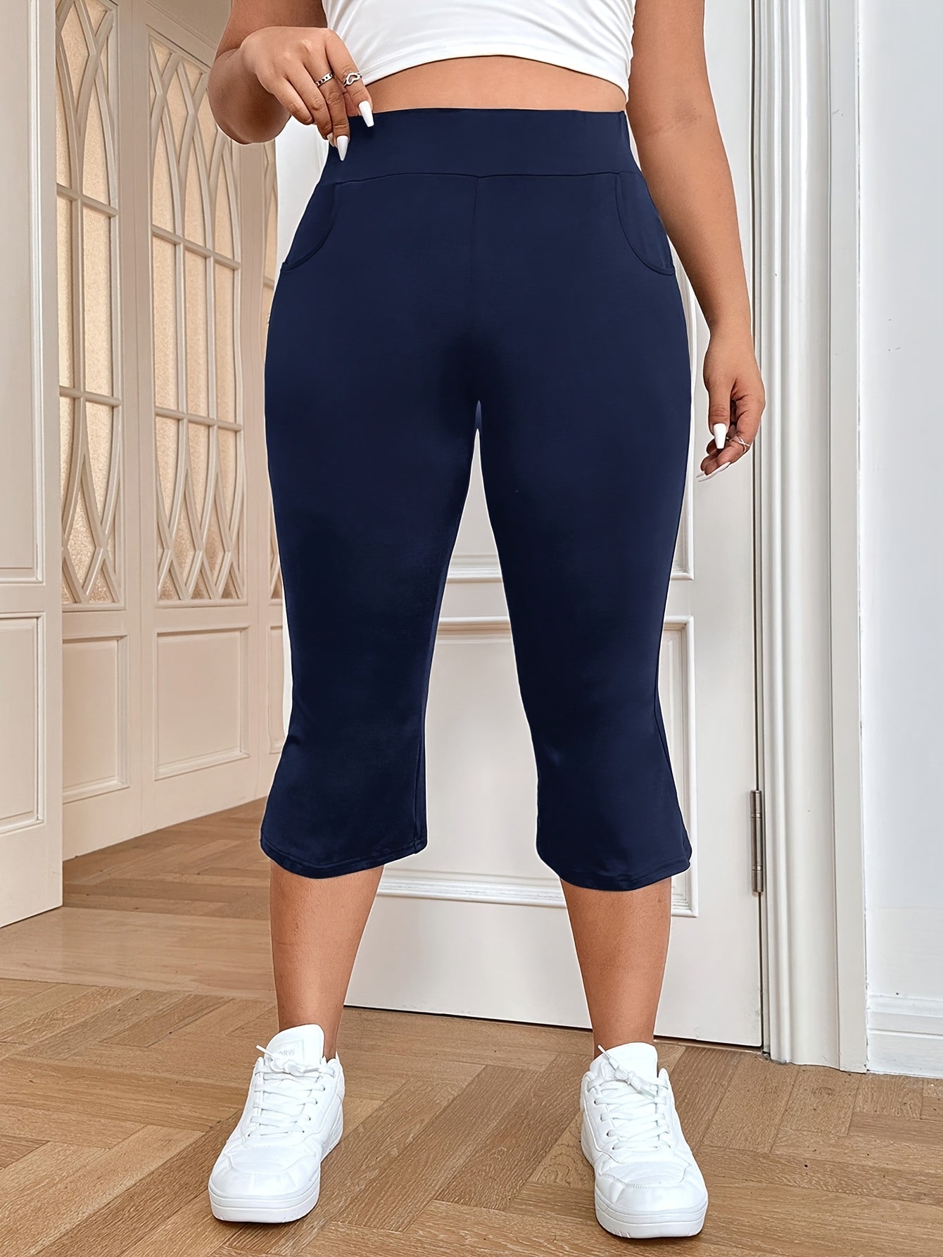 Women's Plus Size High-Waist Flare Pants Breathable Stretch Pockets Blue