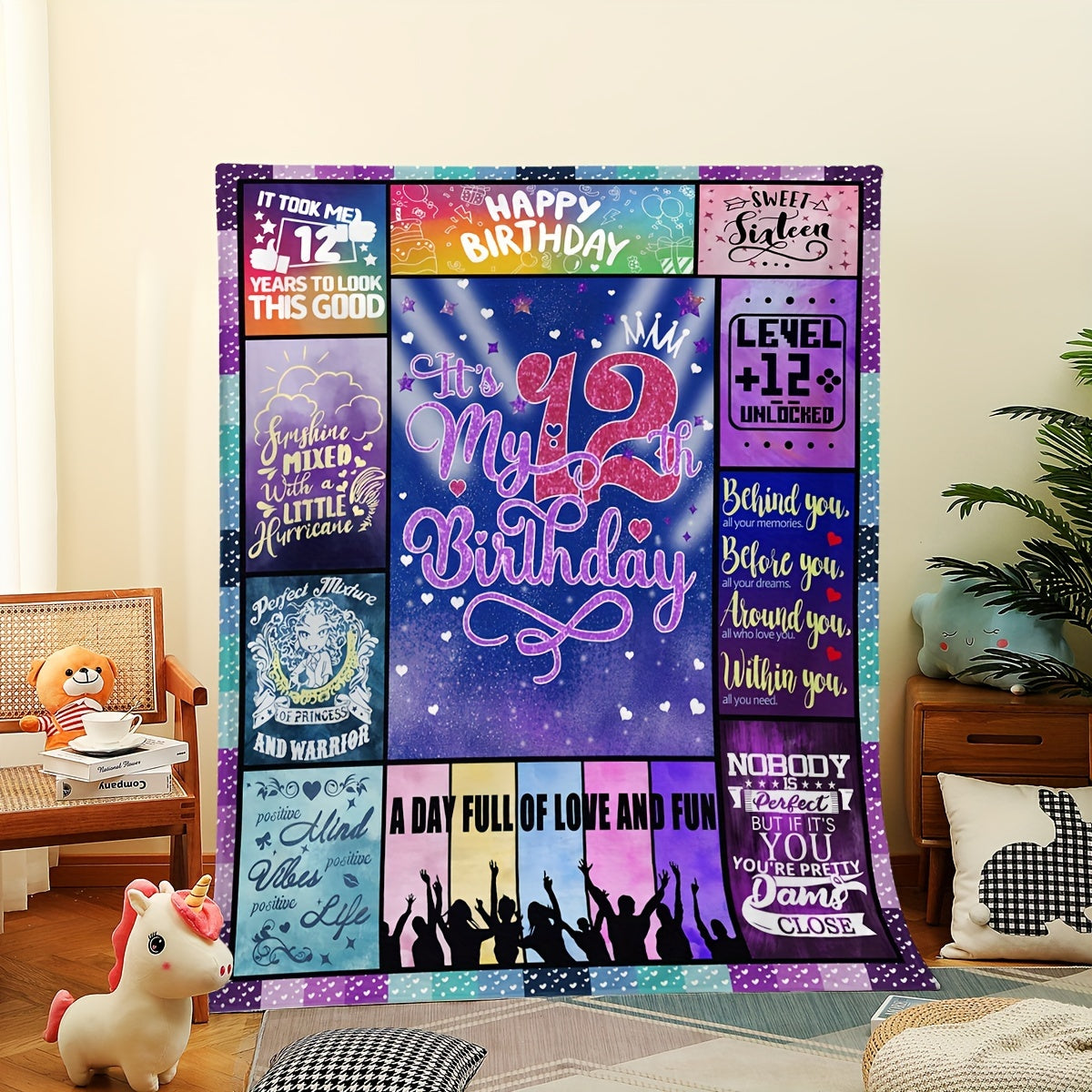 Kids Girl Birthday Blanket Soft Polyester Throw with Fun Messages and Patterns