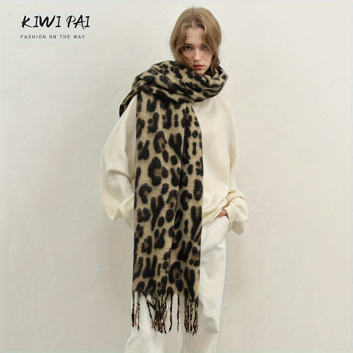 Leopard Print Scarf Cozy Thick Versatile Autumn Winter Polyester Khaki Brown Camel