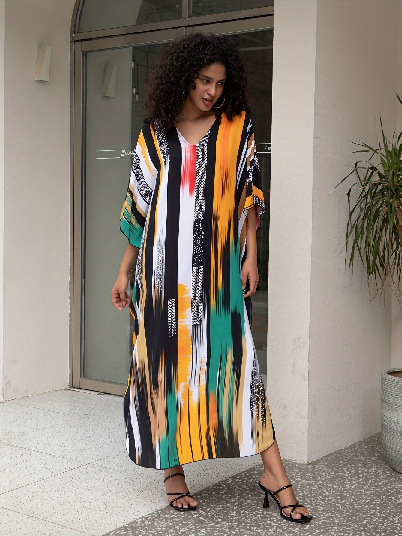Plus Size Colorful Striped Boho Cover Up Dress V-Neck Woven Viscose