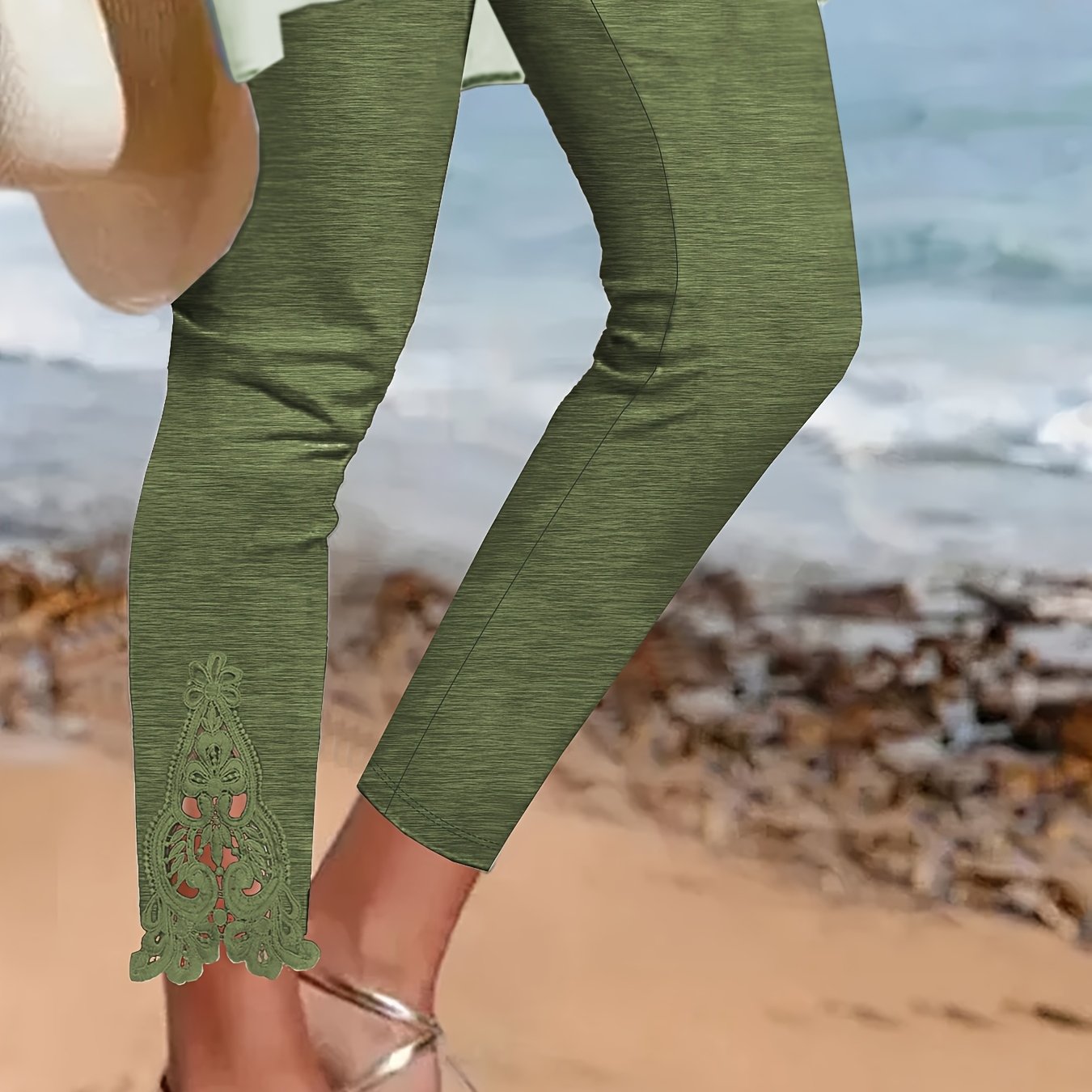 Women's Plus Size Skinny Pants All-Season Knit Contrast Lace Solid