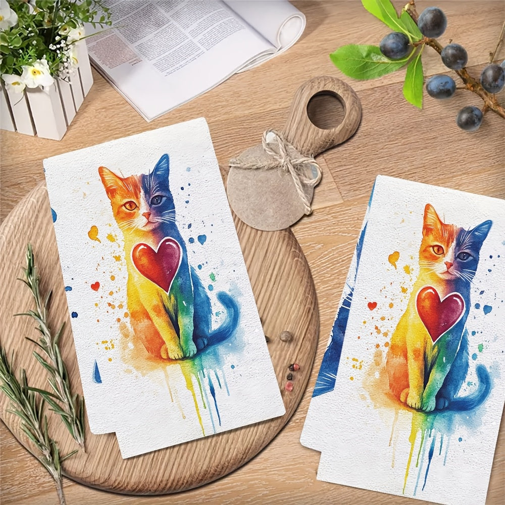 Ultra-Soft Kitchen Towels with Cat and Rainbow Hearts, Absorbent, 40x60 cm