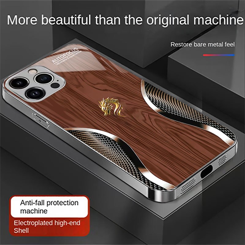 Wood Grain Dragon Pattern Phone Case for iPhone Models Tempered Glass Protective Cover