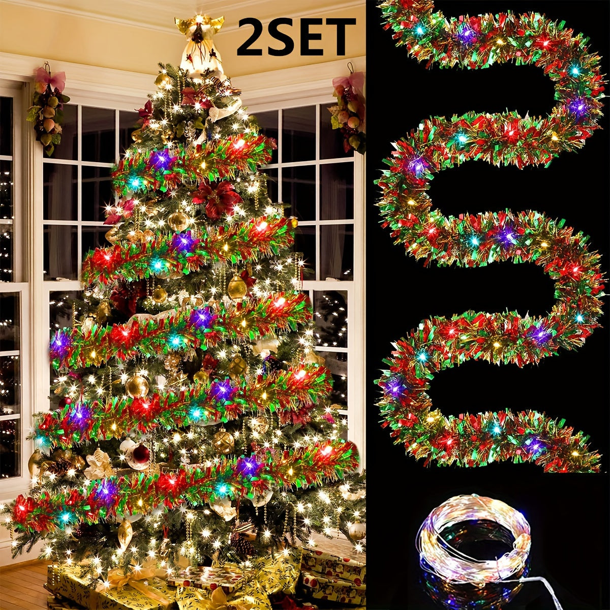 LED Tinsel Garland with Lights 2-Pack Christmas Tree Decorations Indoor Battery Operated