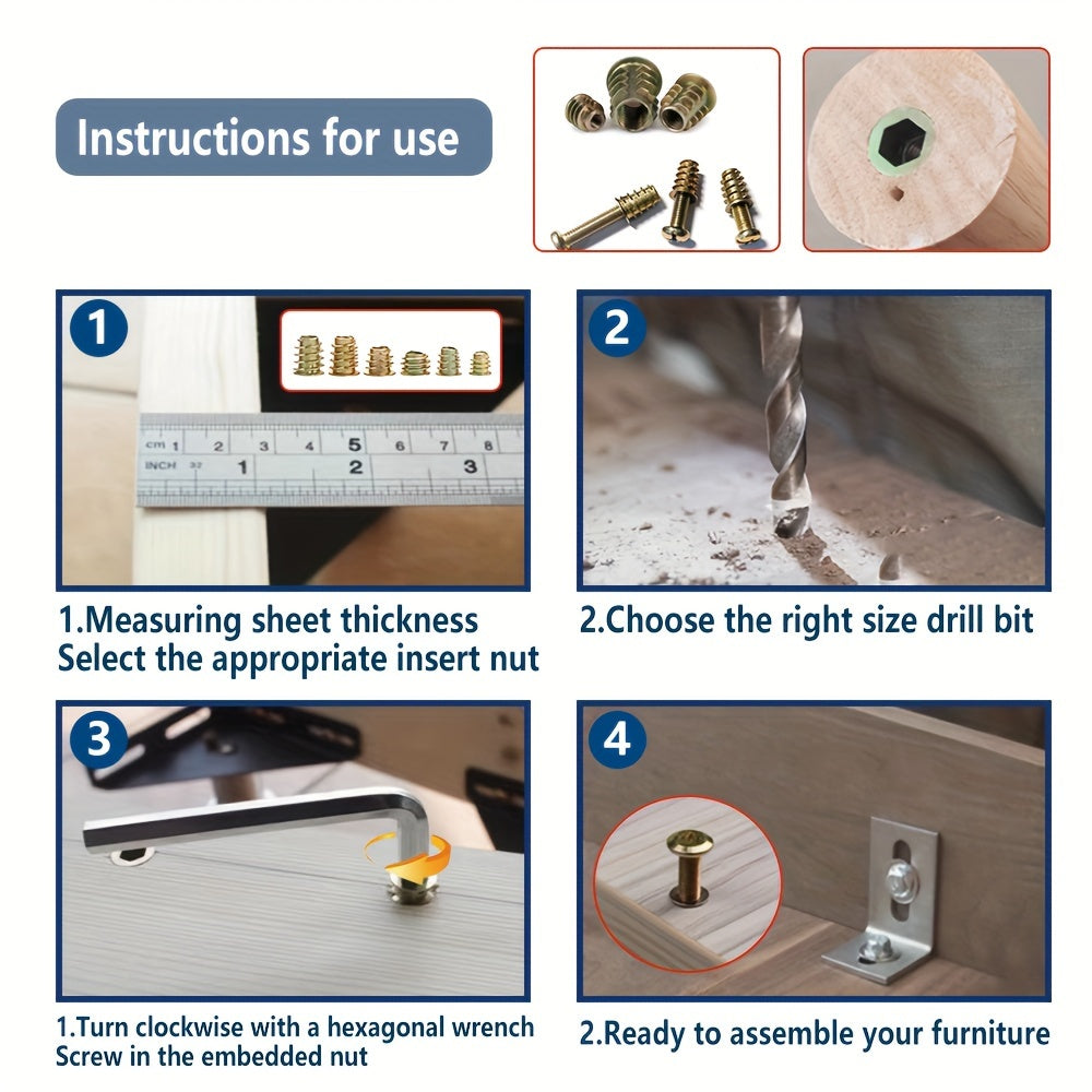Threaded Inserts Nut Kit for Wood Furniture Zinc Alloy Bolt Fasteners