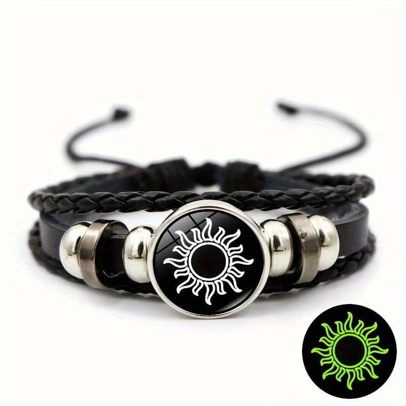 Set of 2 Luminous Sun Moon Lover Gemstone Bracelets for Women Men Beaded Leather