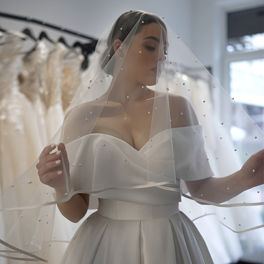 Double Pearl Veil for Brides with 2.5 Meters Length Church Ribbon Hem Hair Comb