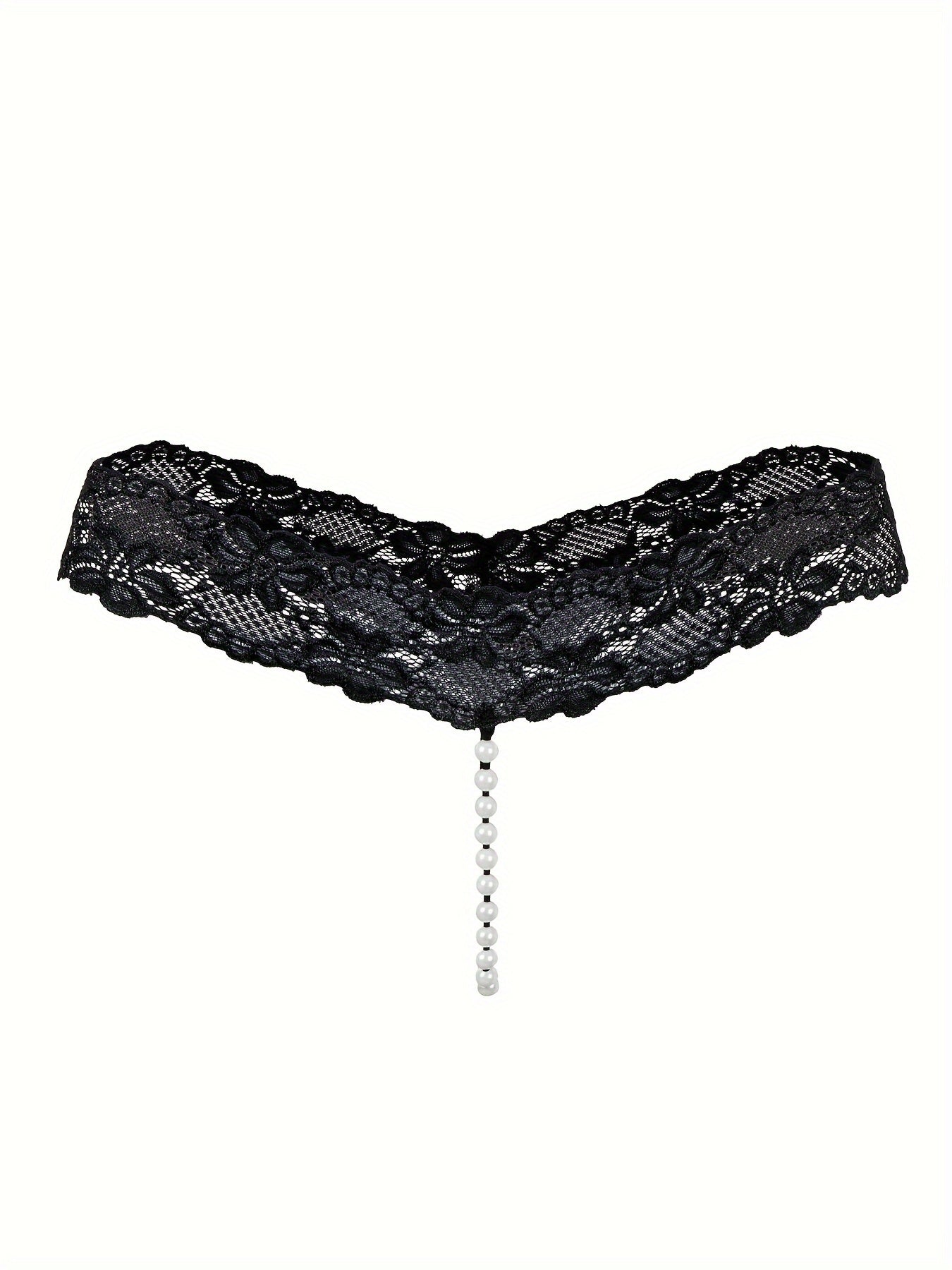 Women's Lace Thongs Low Waist Open Crotch G-String with Pearl Pendant Lingerie