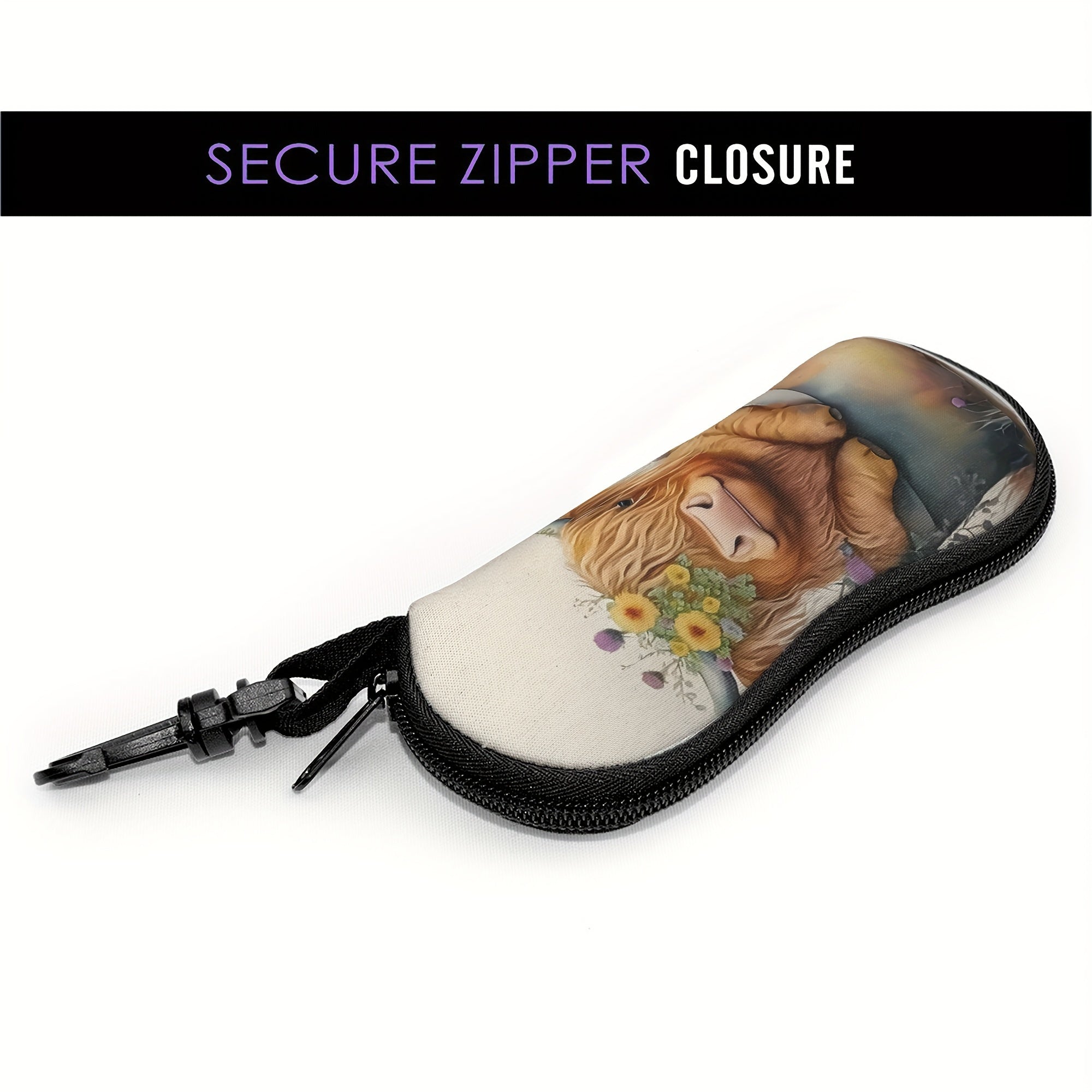 Highland Cow Print Glasses Case Neoprene Eyewear Pouch with Zipper and Belt Clip for Women