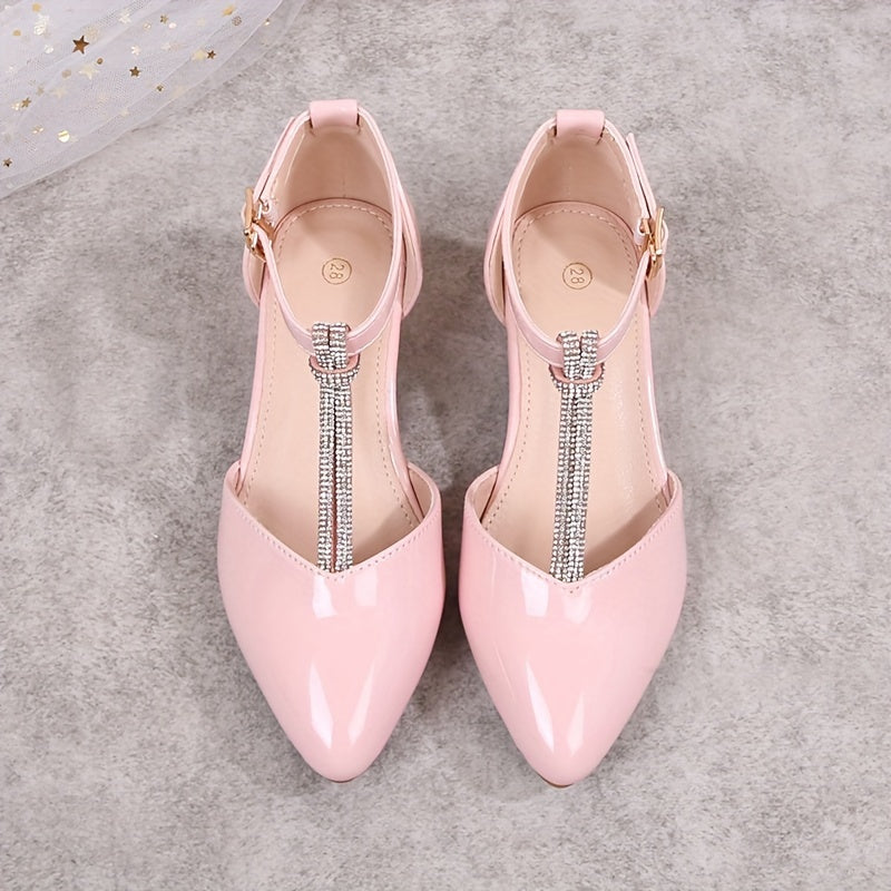 Girls Spring 2024 Princess Shoes with Rhinestones Low Top Pointed Toe High Heels