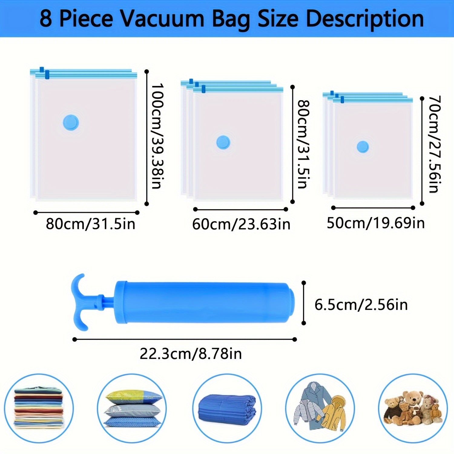 Set of 8 Large Vacuum Storage Bags with Manual Pump for Clothing and Luggage