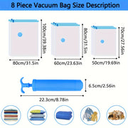8 ta vakuum saqlash sumkasi to'plami, qo'lda havo pompasi bilan - Katta, kiyim va yuk uchun siqish sumkalari, qopqoqni yopish, elektr energiyasiga ehtiyoj yo'q - Uyda yoki sayohat qilishda tartibga solish uchun mukammal