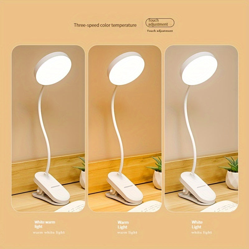Adjustable Brightness Clip-On LED Desk Lamp with Touch Control and USB Charging for Reading and Studying