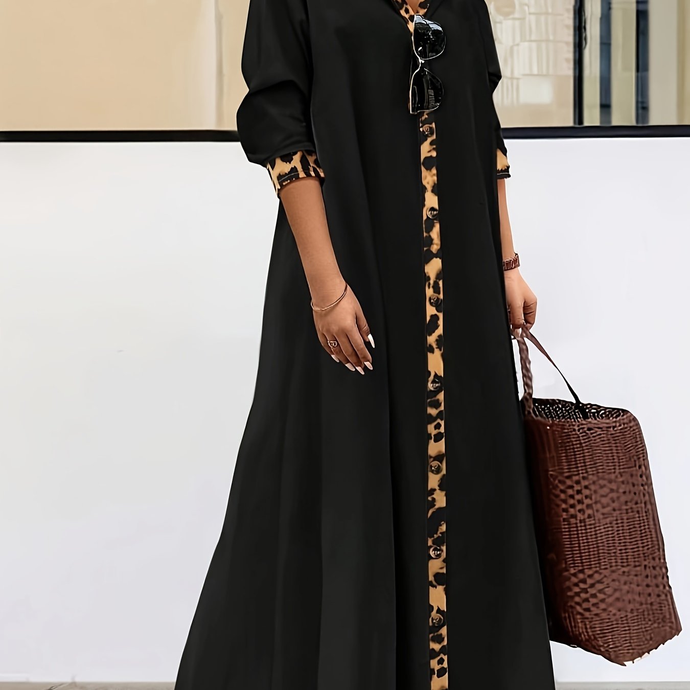 Plus Size Leopard Print Maxi Dress with Long Sleeve Button-Up Collar
