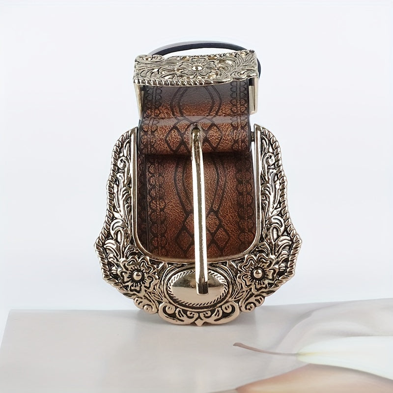 Мужской кожаный западный ремень с вырезанной квадратной цветочной пряжкой и ковбойским стилем