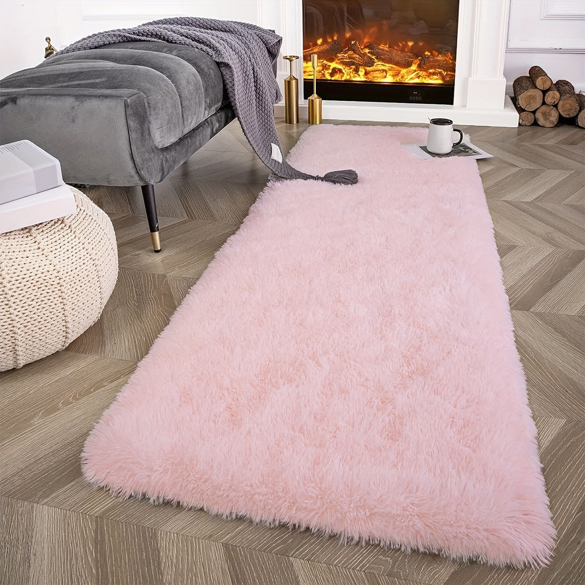 Alfombra de área rosa peluda suave, absorbente y antideslizante para dormitorio y sala de estar