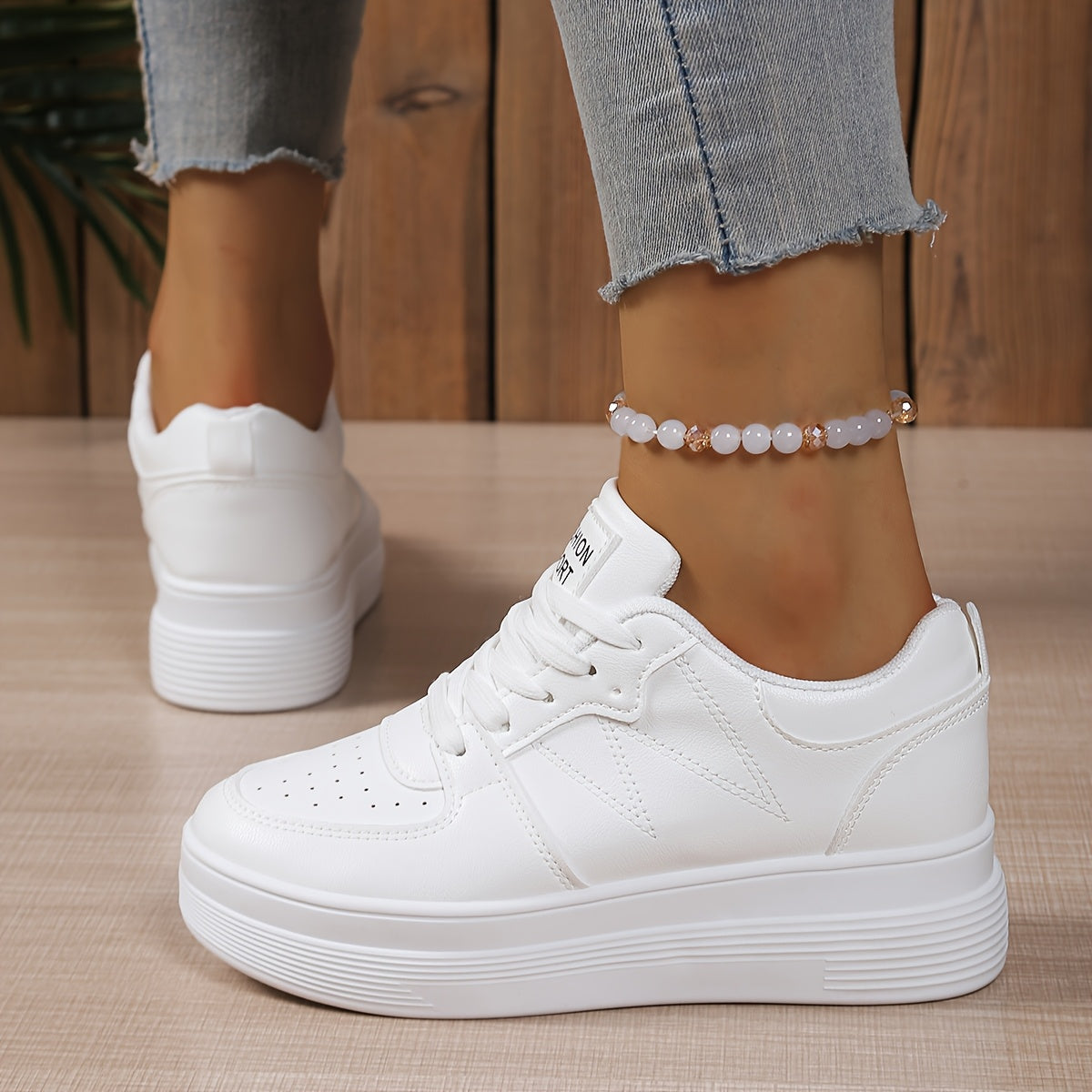 Women's White Low-Top Lace-Up Sneakers Casual Breathable Fabric Rubber Sole