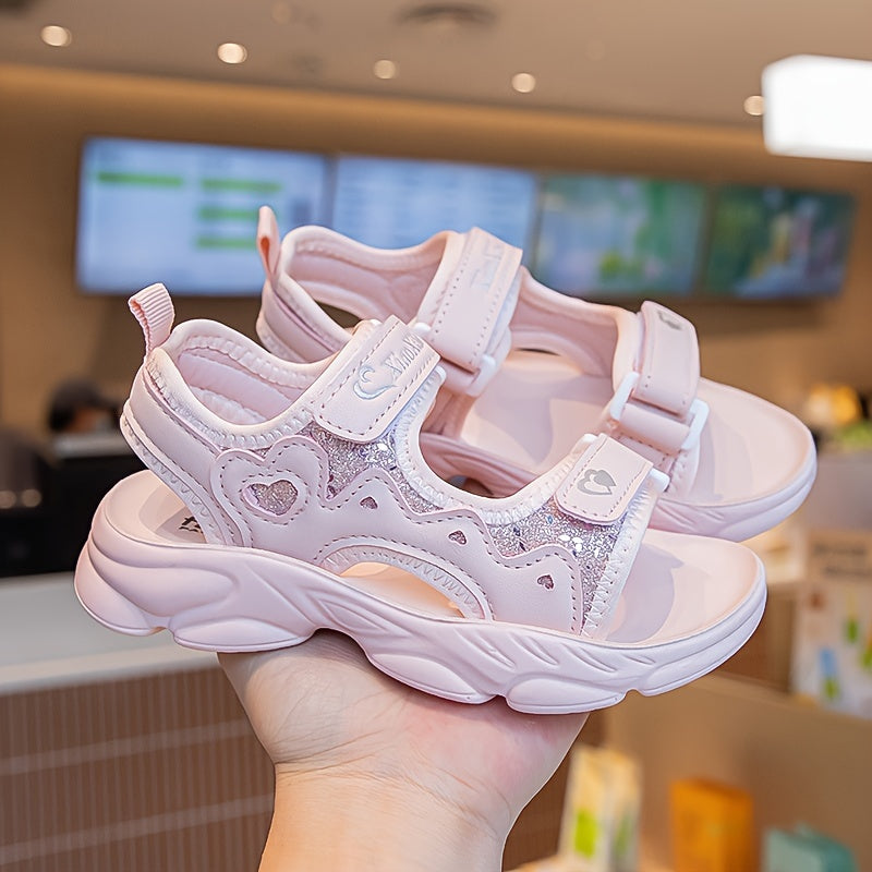 Girls Pink Glitter Sandals with Hearts and Sequin, Adjustable Straps, Soft Sole